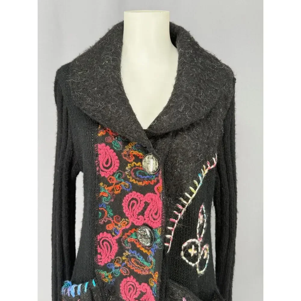 Sioni Cardigan Sweater Womens Large Black Paisley Embroidered Boho Wool Knit - Picture 2 of 13